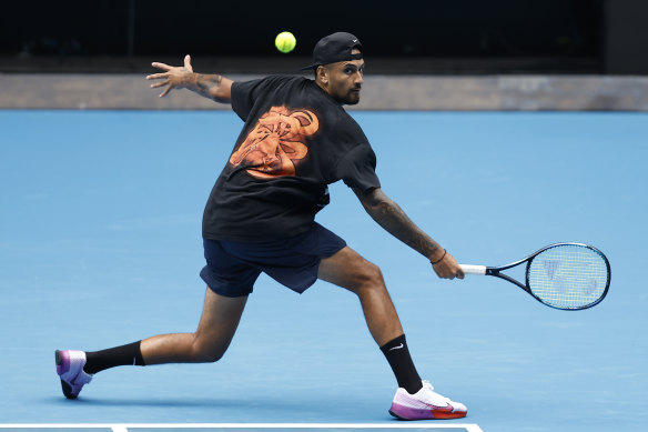 Nick Kyrgios goes through his paces on Thursday.