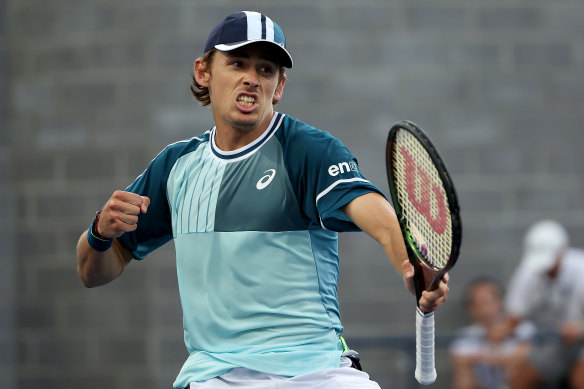 Alex de Minaur celebrates his progression at the US Open.