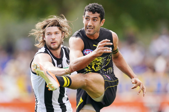 Marlion Picket in action against the Magpies in a pre-season game. 