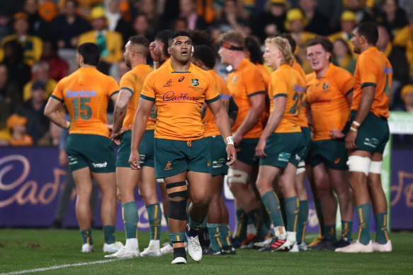 The Wallabies during their loss to Argentina at CommBank Stadium on Saturday. 
