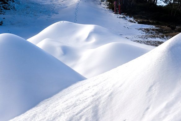 Mounds of artificially created snow at Mount Baw Baw. 