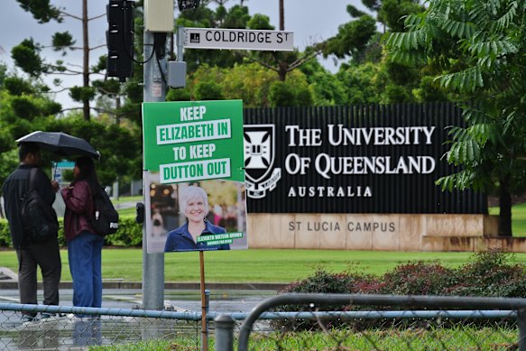 A corflute for Ryan MP Elizabeth Watson-Brown near the University of Queensland’s St Lucia campus.