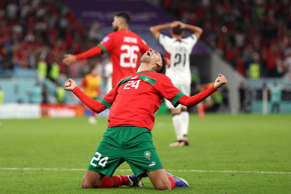 Badr Benoun of Morocco celebrates after the team’s victory against Portugal.