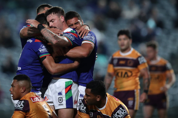 Wayde Egan celebrates after scoring a try during an emotional win in 2020 in Gosford.