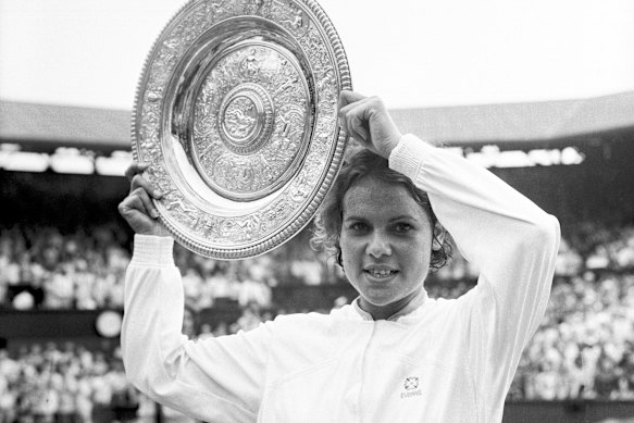 Holding the Wimbledon trophy in 1971 after winning the first all-Australian women’s singles final in straight sets against defending champion Margaret Court.