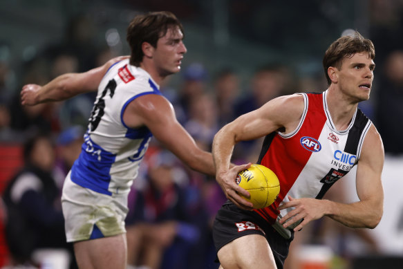 Mason Wood, back in action against his former team, North Melbourne on Saturday.