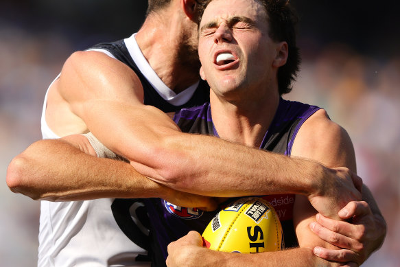 Jordan Clark played well for Fremantle against Carlton, but gave away a crucial free kick in the final minute that allowed the Blues to stretch their lead.