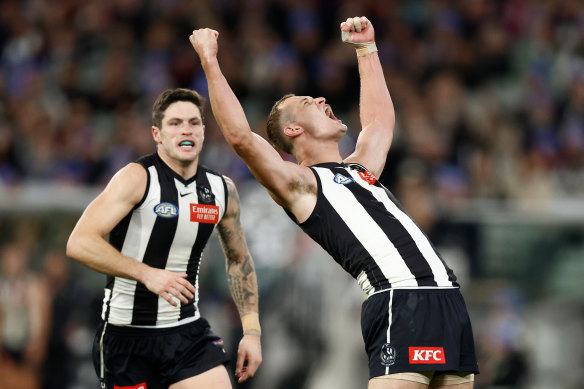 Magpie Nathan Kreuger roars after one of his three goals in his comeback match.