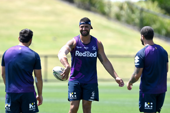 Storm's Jesse Bromwich has a laugh at training teammates on Wednesday.