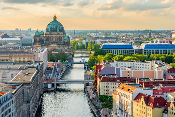 Berlin Cathedral, on the capital’s Museum Island and Spree River at sunset.