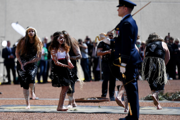 Members of the Yukembruk dance group perform at the proclamation ceremony in Canberra.