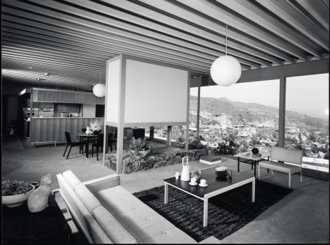 Open-plan living in the Stahl house in Los Angeles, photographed in 1960.