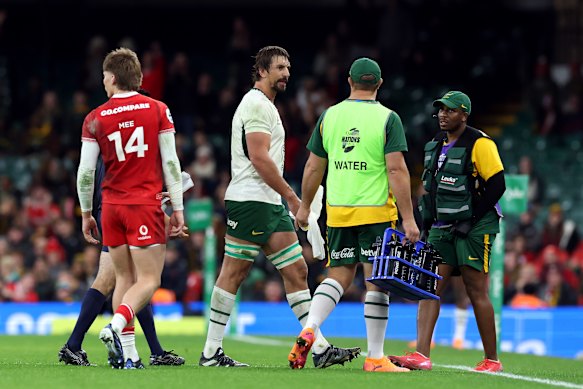 South Africa’s Eben Etzebeth (centre) leaves the field after being shown a red card.