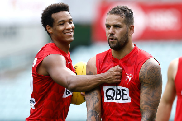 Joel Amartey and Lance Franklin at Swans training.