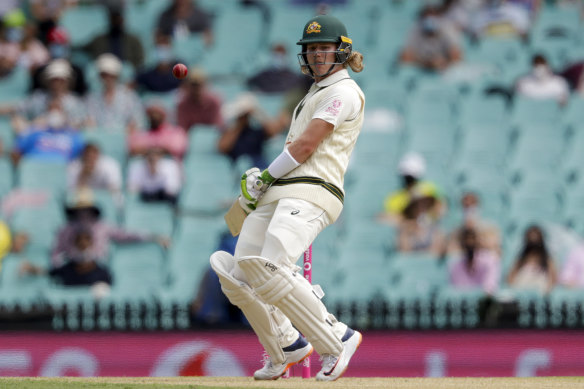 Will Pucovski lets a ball pass on his Test debut against India at the SCG.