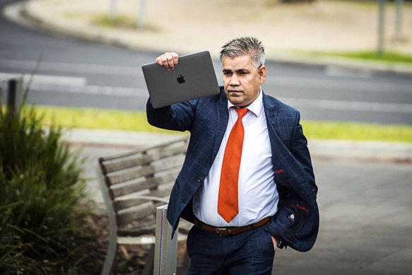 Intaj Khan outside Sunshine Magistrates’ Court in 2018. He was convicted of failing to disclose company interests while he was serving as a councillor in Melbourne’s west.