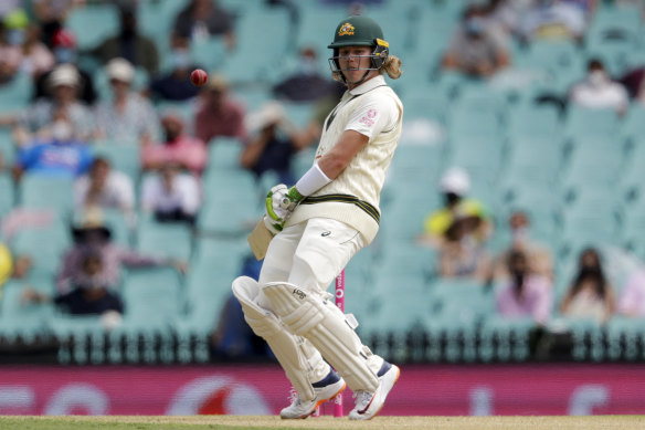 Will Pucovski lets a ball pass on his Test debut against India at the SCG.