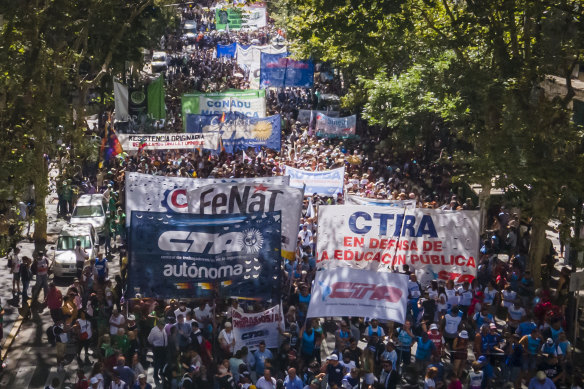 Protesters during a national strike against policies of new Argentinian President Javier Milei called by worker’s union CGT on January 24.