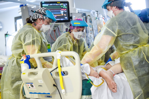 Healthcare workers care for a COVID patient in ICU at Melbourne’s Sunshine Hospital in 2021.