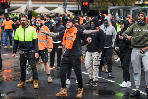 Protesters on Elizabeth Street on Monday.