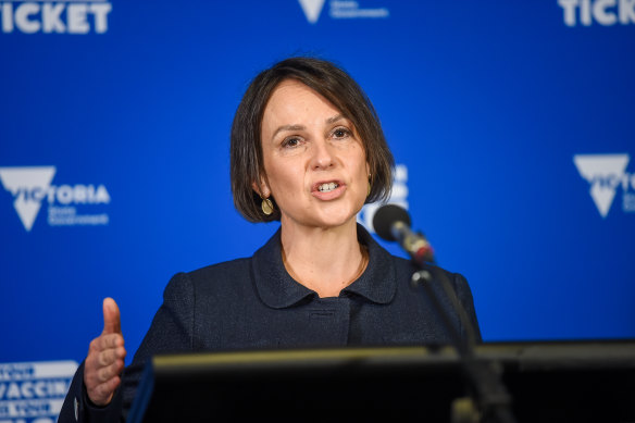 Minister Jaala Pulford addresses the media on Monday.