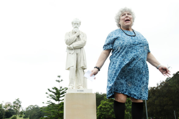 NSW Dickens Society Patron and actress Miriam Margolyes speaks at the Dickens Bicentennial Celebration at Centennial Park in 2012 in front of the Dickens Statue.