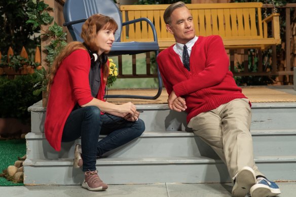 Marielle Heller and Tom Hanks on the set of A Beautiful Day in the Neighborhood.