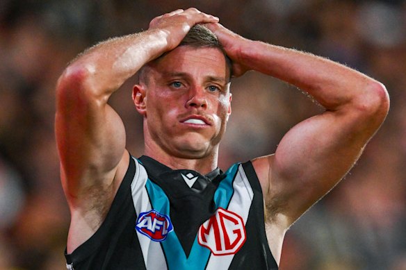 A moment of despair: The tension got to all combatants at Adelaide Oval.
