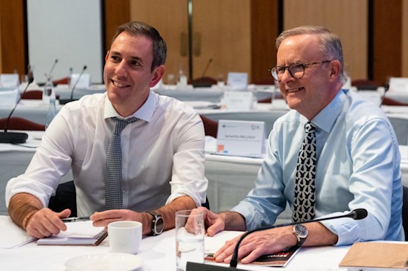 Treasurer Jim Chalmers and Prime Minister Anthony Albanese at the end of the first day of the jobs and skills summit.