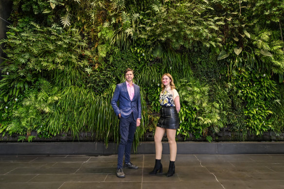 Melbourne Deputy Lord Mayor Nick Reece and councillor Elizabeth Doidge at a green wall at Prima Tower in Southbank.