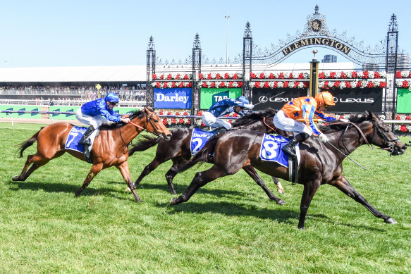 Imperatriz ridden by Opie Bosson wins the Darley Champions Sprint.