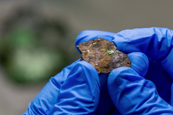 Oskar Lindenmayer holds a fragment of the Cranbourne meteorites, revealing (in green) the new mineral muonionalustaite.