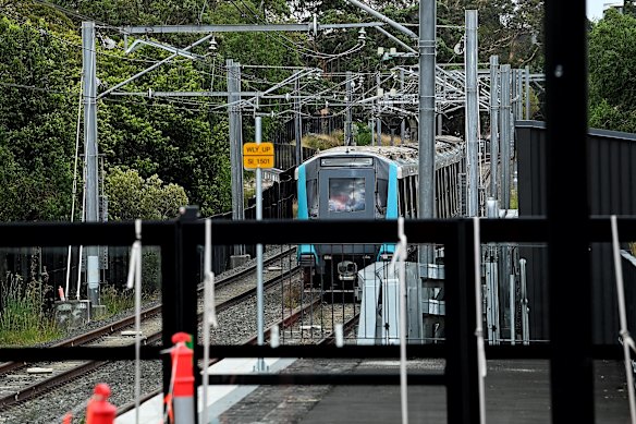 A metro train during a test run at Wiley Park train station in January. The station will open in the second half of 2026 as part of the Metro Southwest line.
