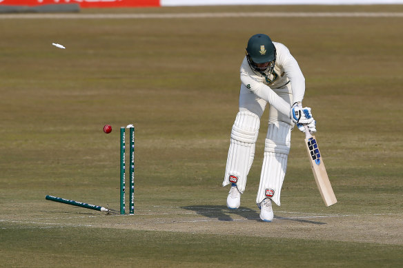 South Africa’s Rassie van der Dussen is bowled during the recent Test series against Pakistan.