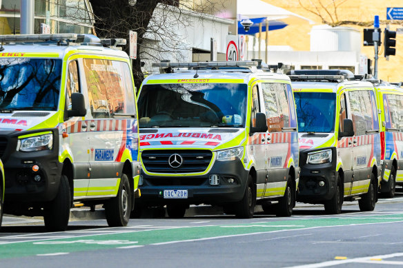 Ramped ambulances at Royal Melbourne Hospital on August 7.