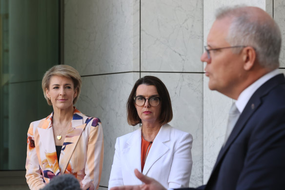 Minister for Employment, Skills, Small and Family Business Michaelia Cash, Families and Social Services Minister Anne Ruston and Prime Minister Scott Morrison announce a permanent rise to JobSeeker.