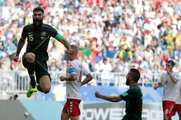 Mile Jedinak after scoring a penalty against Denmark in the 2018 World Cup.