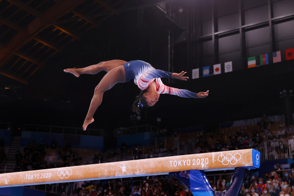 Simone Biles in action during the women’s balance beam final in Tokyo.