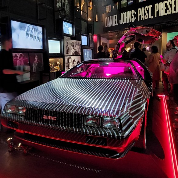 The exhibition’s centrepiece, a stainless steel DeLorean sports car.