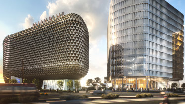 Renders of the Australian Bragg Centre, Adelaide, (building on the right) which has been acquired by Dexus and its wholesale fund.