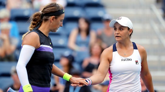 Victoria Azarenka (left) and Ash Barty during this year's US Open.