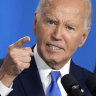 Biden in one of his more animated moments of his hour-long press conference.