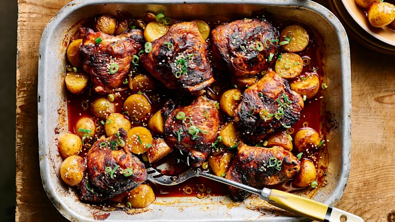 Seoulful garlic chicken tray bake features gochujang, vinegar and soy sauce