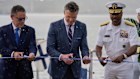 US Defence Secretary Pete Hegseth, centre, Panamanian Security Minister Frank Abrego, left, and Southcom Commander Navy Admiral Alvin Holsey inaugurate new facilities at the Port of Rodman in West Panama. 