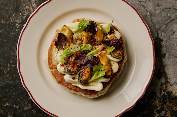 Potato flatbread with mussels escabeche and whipped cod roe.