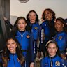 The all-woman crew for Blue OriginÕs upcoming flight into space includes, clockwise from top left: Katy Perry, Gayle King, Aisha Bowe, Kerianne Flynn, Lauren S‡nchez and Amanda Nguyen, on the bridge of Blue OriginÕs Launch Site One outside of Van Horn, Texas.
