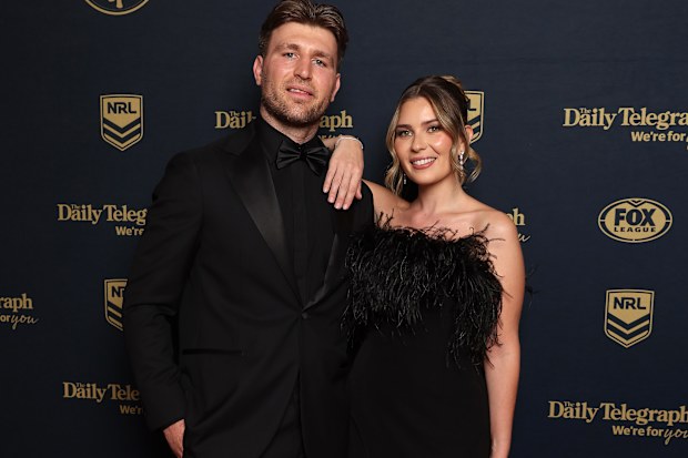 Jai Arrow of the South Sydney Rabbitohs and Berina Colakovic arrive ahead of the 2026 Dally M Awards at The Cutaway, Barangaroo on September 30, 2026 in Sydney, Australia.