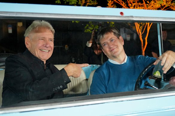 Bill Lawrence (right) with Harrison Ford at an event for Shrinking this month in LA.