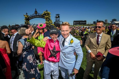 Melbourne Cup-winning jockey Robbie Dolan with pop star Ronan Keating. 