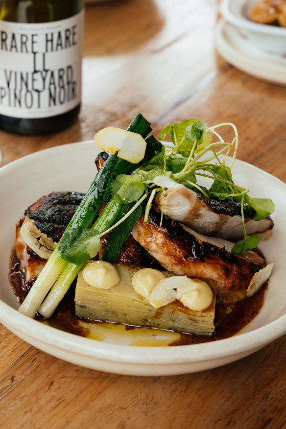 Spatchcock with potatoes, artichoke, leek and chestnut.
